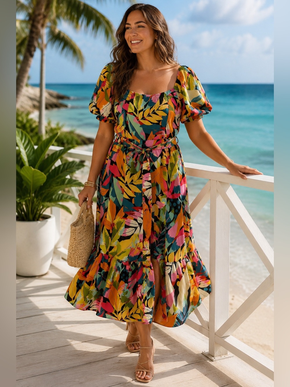 Maia Tropical Puff Sleeve Midi Dress Size 18 Colorful Resort Dopamine Coastal